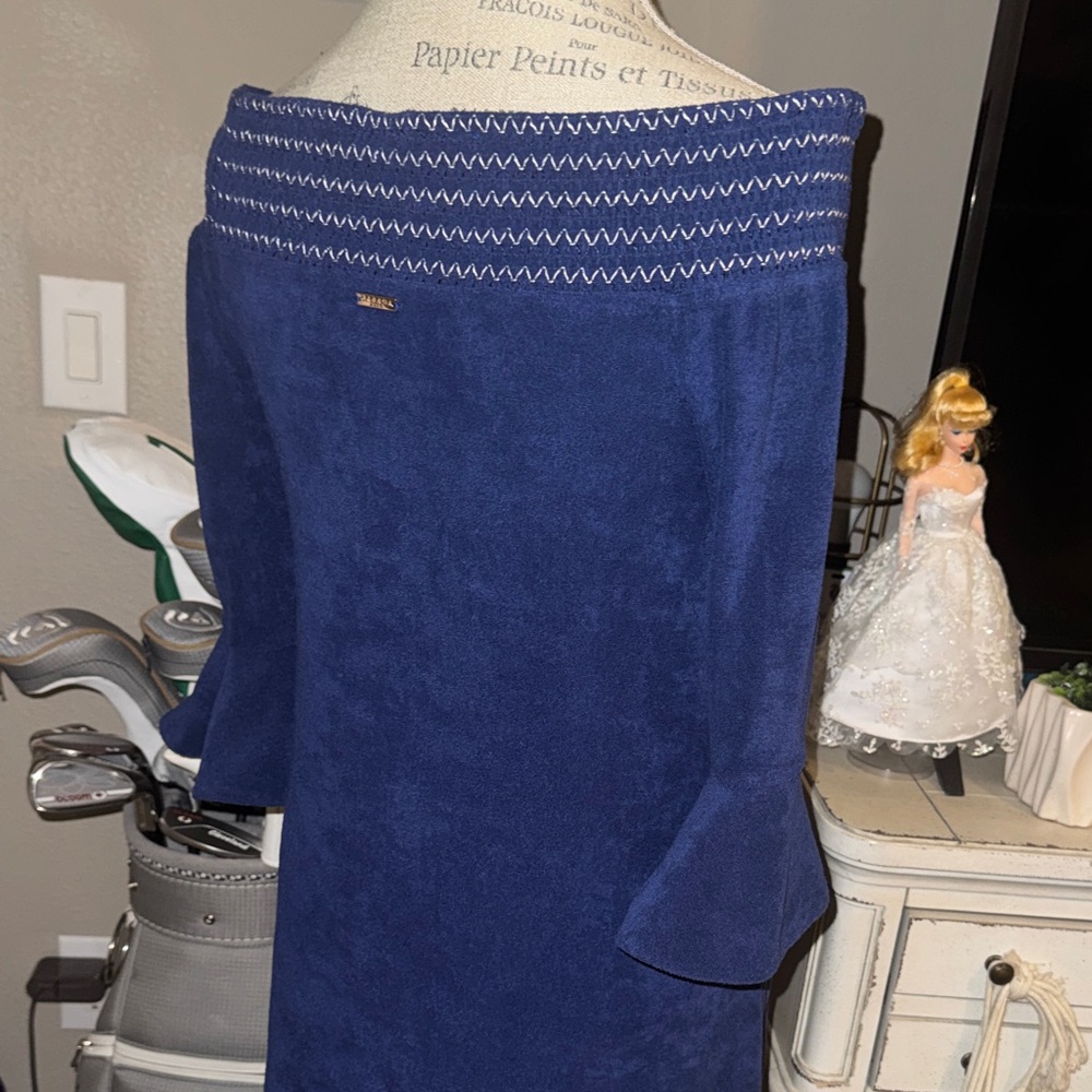 Elegant Blue Off-Shoulder Dress - Cabana Life - Navy Blue Terrycloth & tassels S - Picture 4 of 12